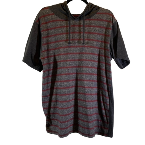MetroZone men's size Large Striped short sleeve hoodie gray burgundy - Picture 1 of 4